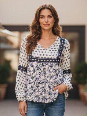 Clover + Scout M BOHO Lagenlook LS Blouse Mixed Floral‎ Ladder Lace Trim 23G
